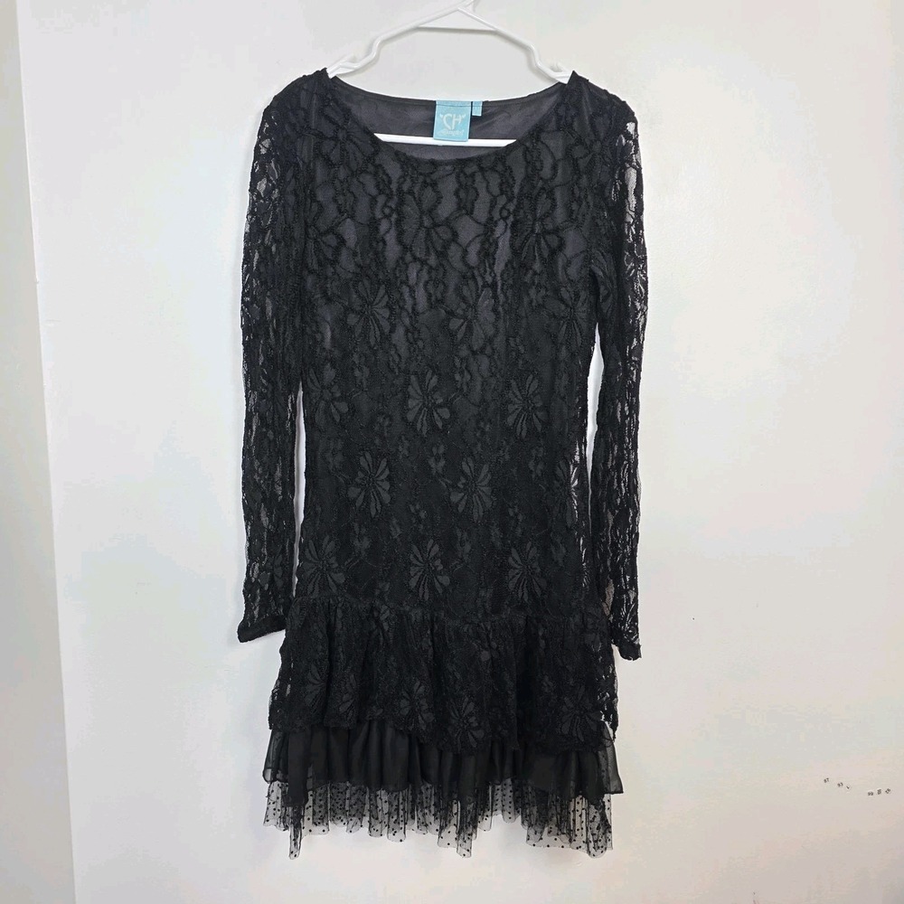 Cowgirl Hardware Black Lacey Drop Waist Ruffle Gothic Whimsygoth Mini Dress Sz M